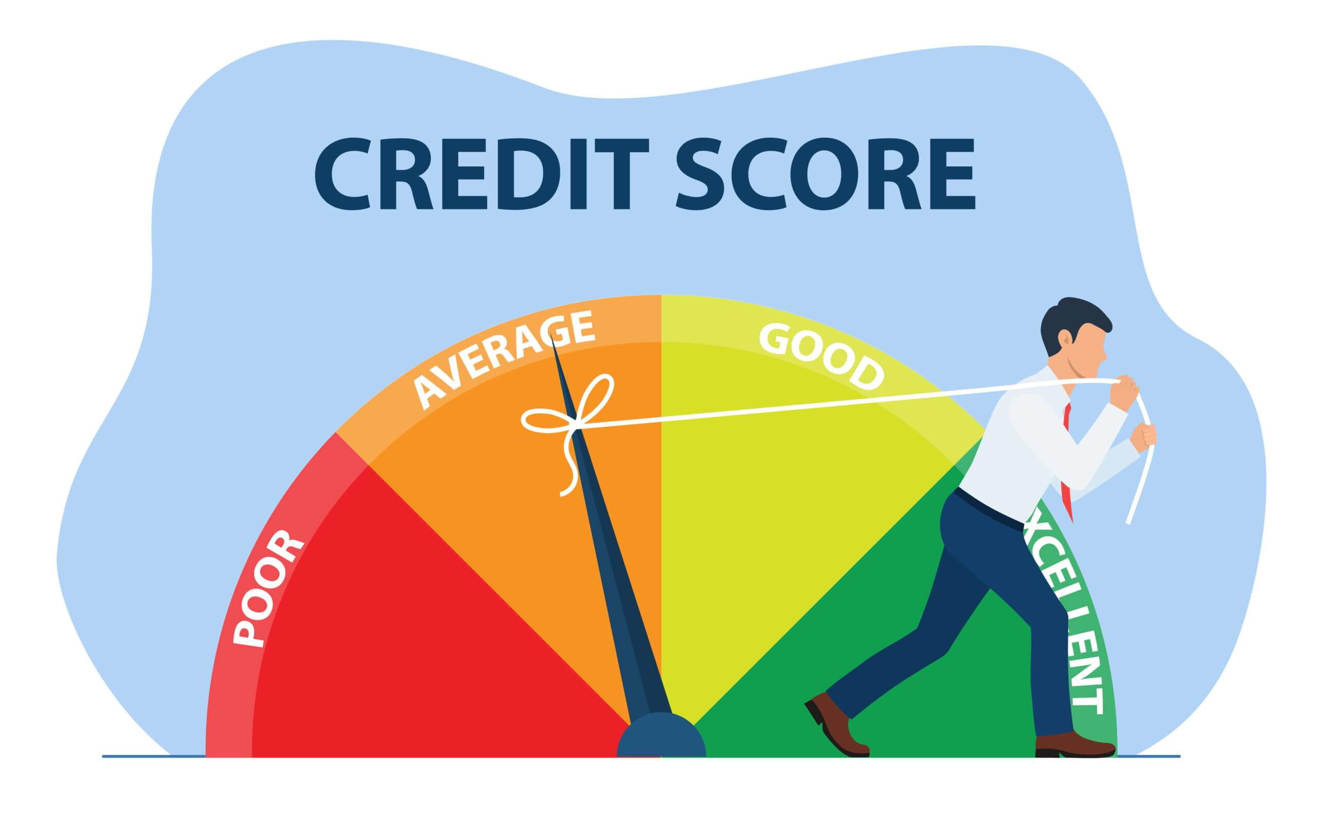 Credit score meter marked average, man pulling the reader with rope, digital illustration